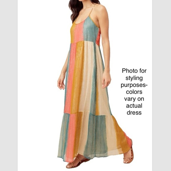 Lovestitch Colorful Halter Maxi Dress Rainbow Block Shimmery Lined Boho Glam Med - Picture 1 of 8